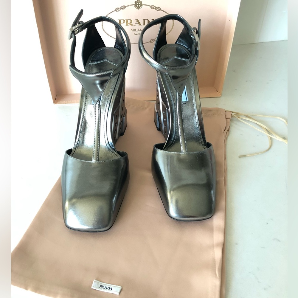 Prada Chrome Capretto Lamina Wedge Sandals